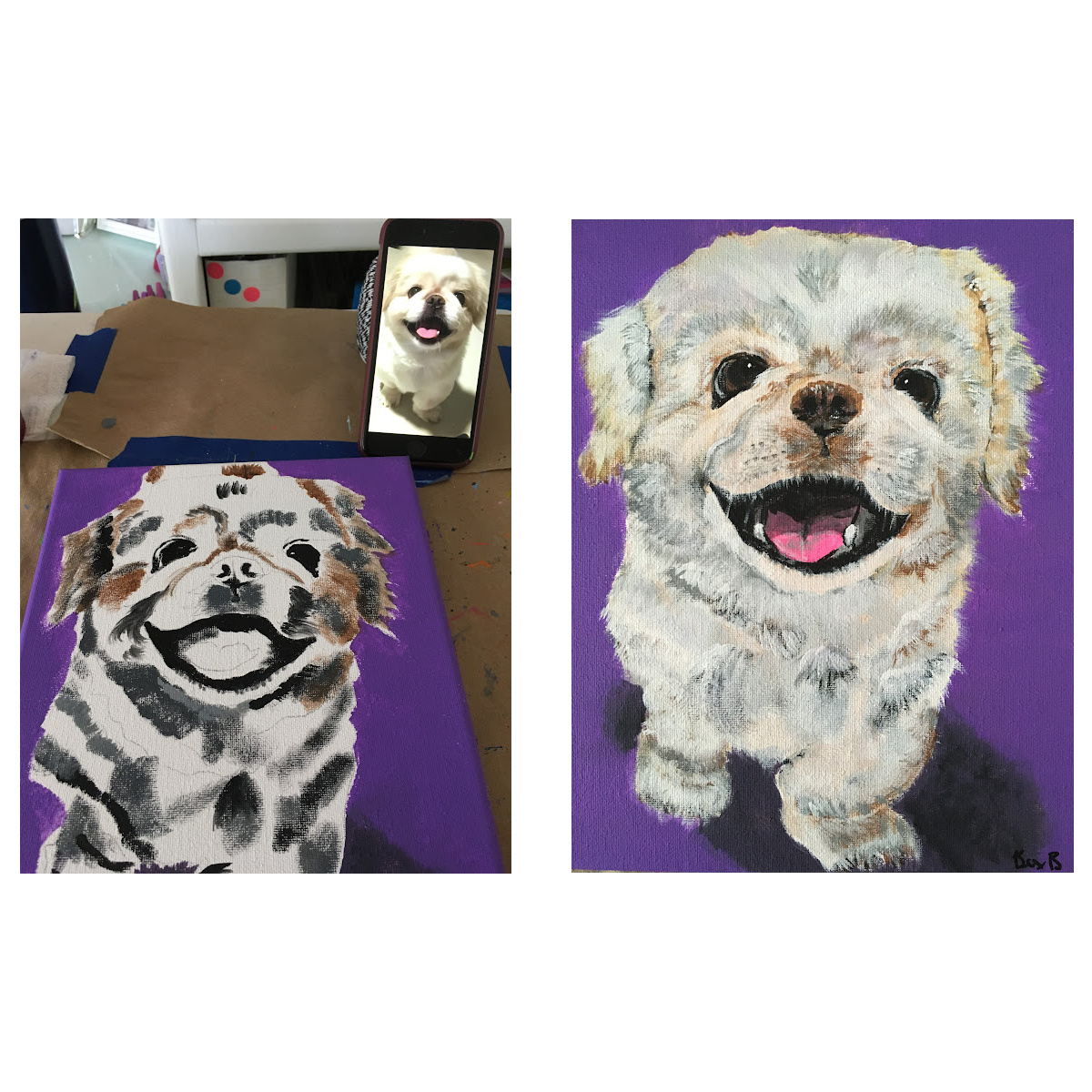 painting process of white dog and final painted pet portrait